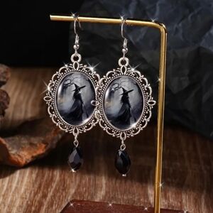 Elegant Silver & Black Witch Earrings